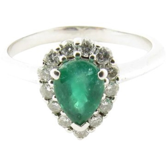 Vintage 14 Karat White Gold Emerald and Diamond Ring Size 7.25 #4396 - Picture 1 of 7